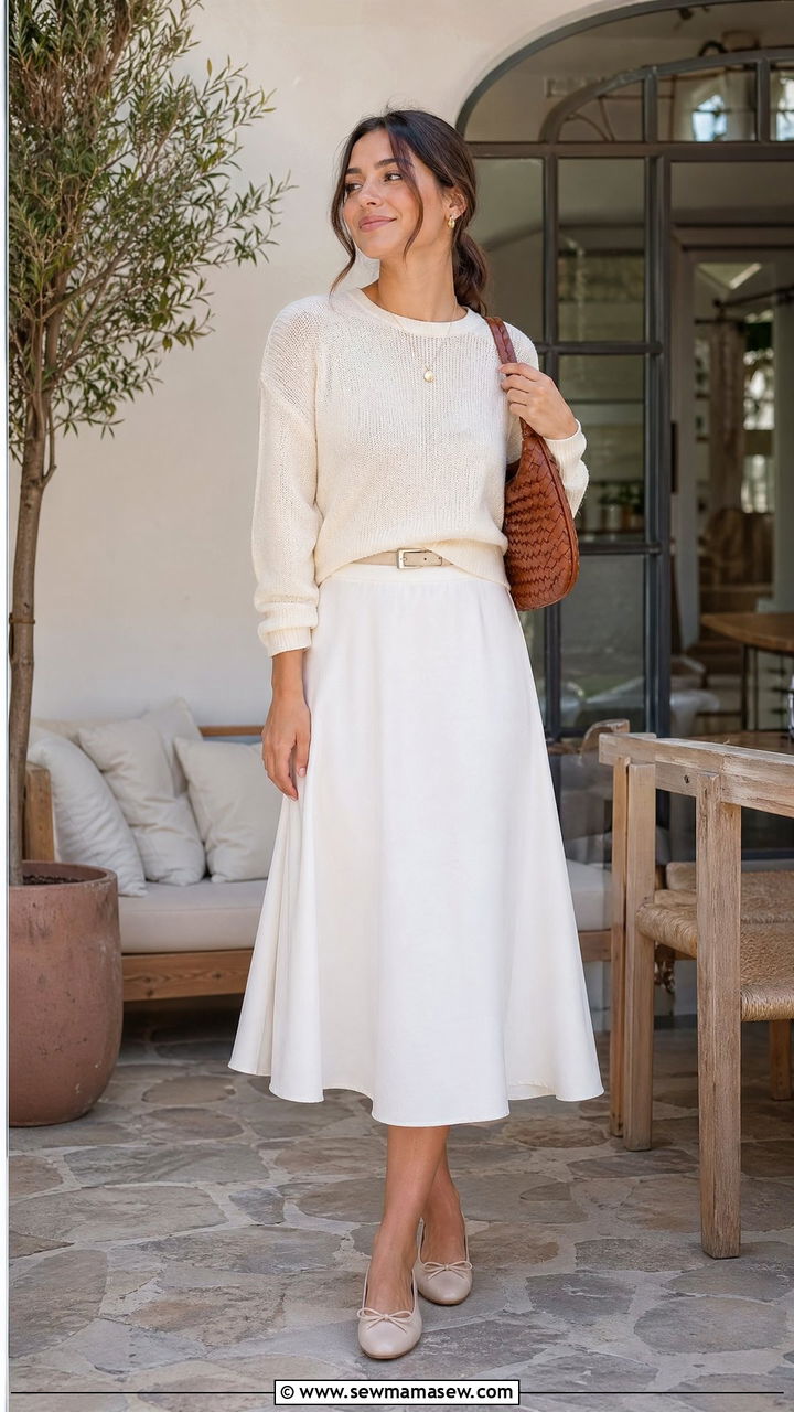 White midi skirt with knit sweater - 35 spring white outfit ideas
