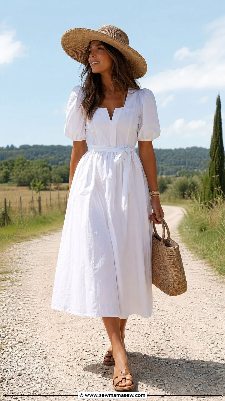 White poplin dress with a straw hat - 35 summer classy outfit ideas