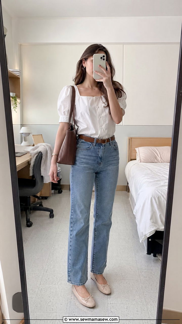 White puff sleeve blouse with jeans outfit - 35 Spring outfits for school