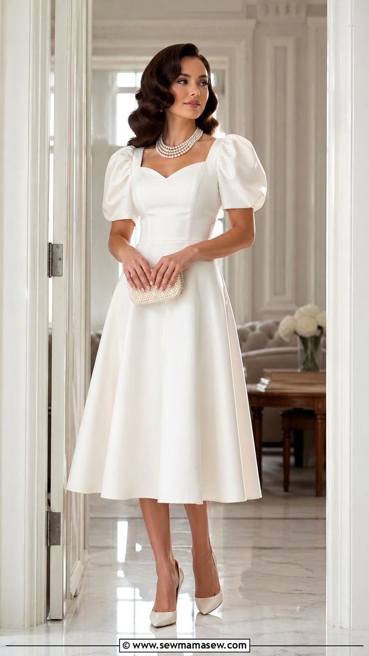 White puff sleeve midi dress with pearl accessories - 30 Sorority rush outfit ideas 2026