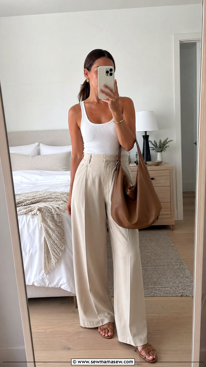 White ribbed tank and beige wide leg trousers - 35 Clean girl spring outfits