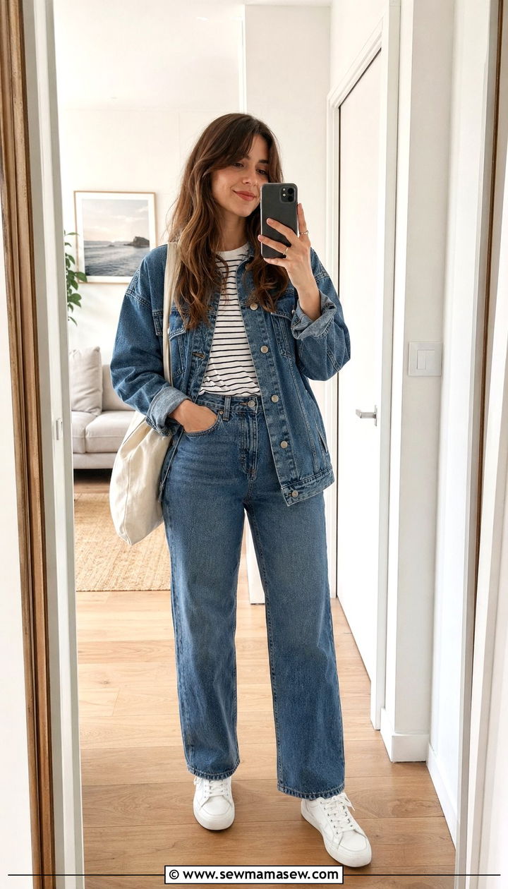White sneakers and denim jacket everyday style - 35 Outfit ideas for women in their 30s