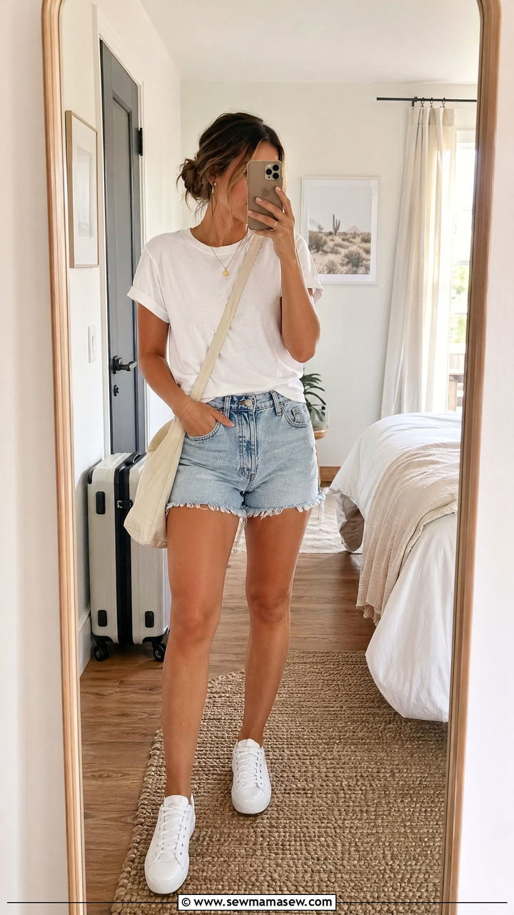 White t shirt and frayed denim shorts travel outfit - 35 Summer travel outfits