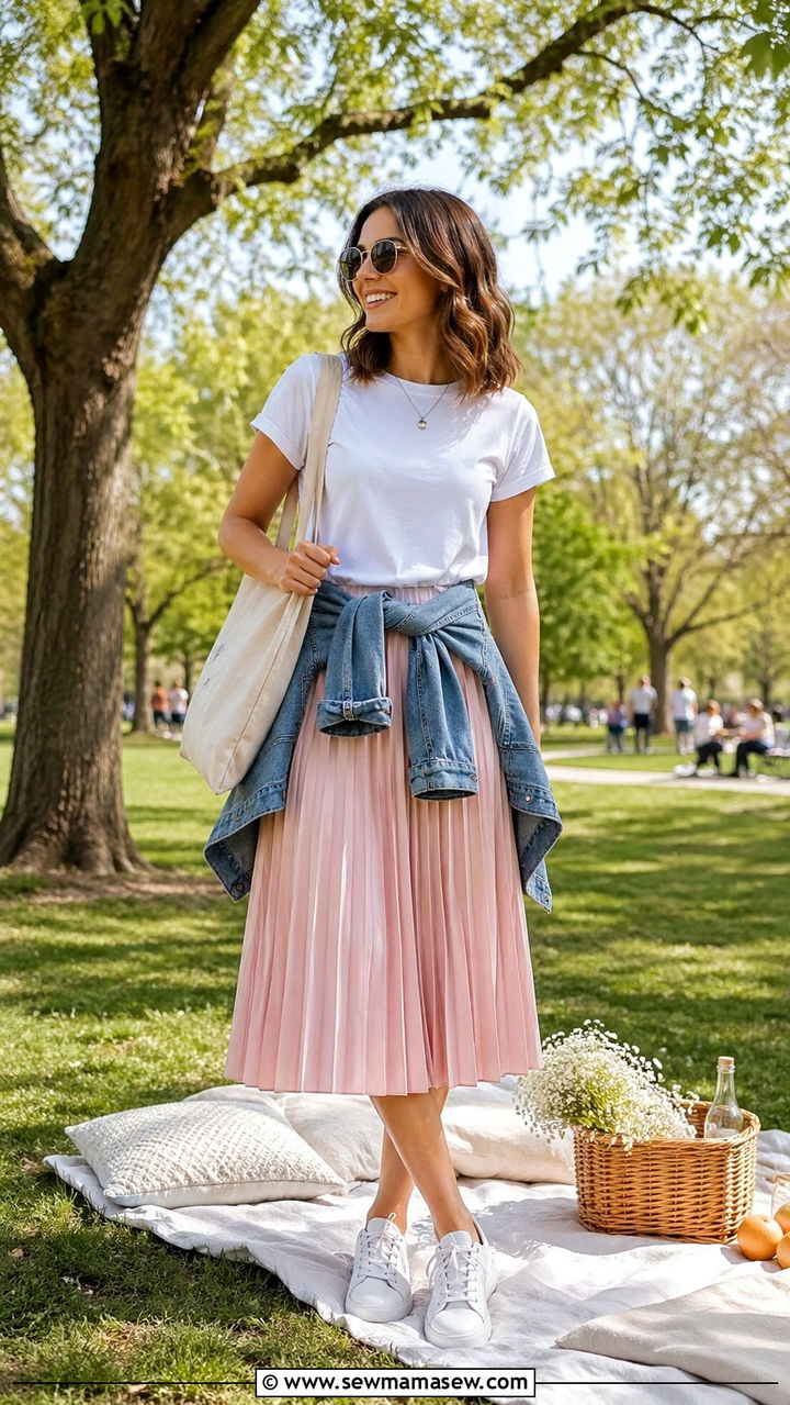 White t shirt and pleated midi skirt spring capsule outfit - 30 spring capsule wardrobe outfits