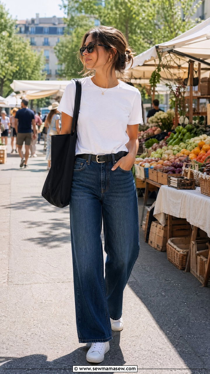 White t shirt with dark wash wide leg jeans - 35 wide leg pants outfits