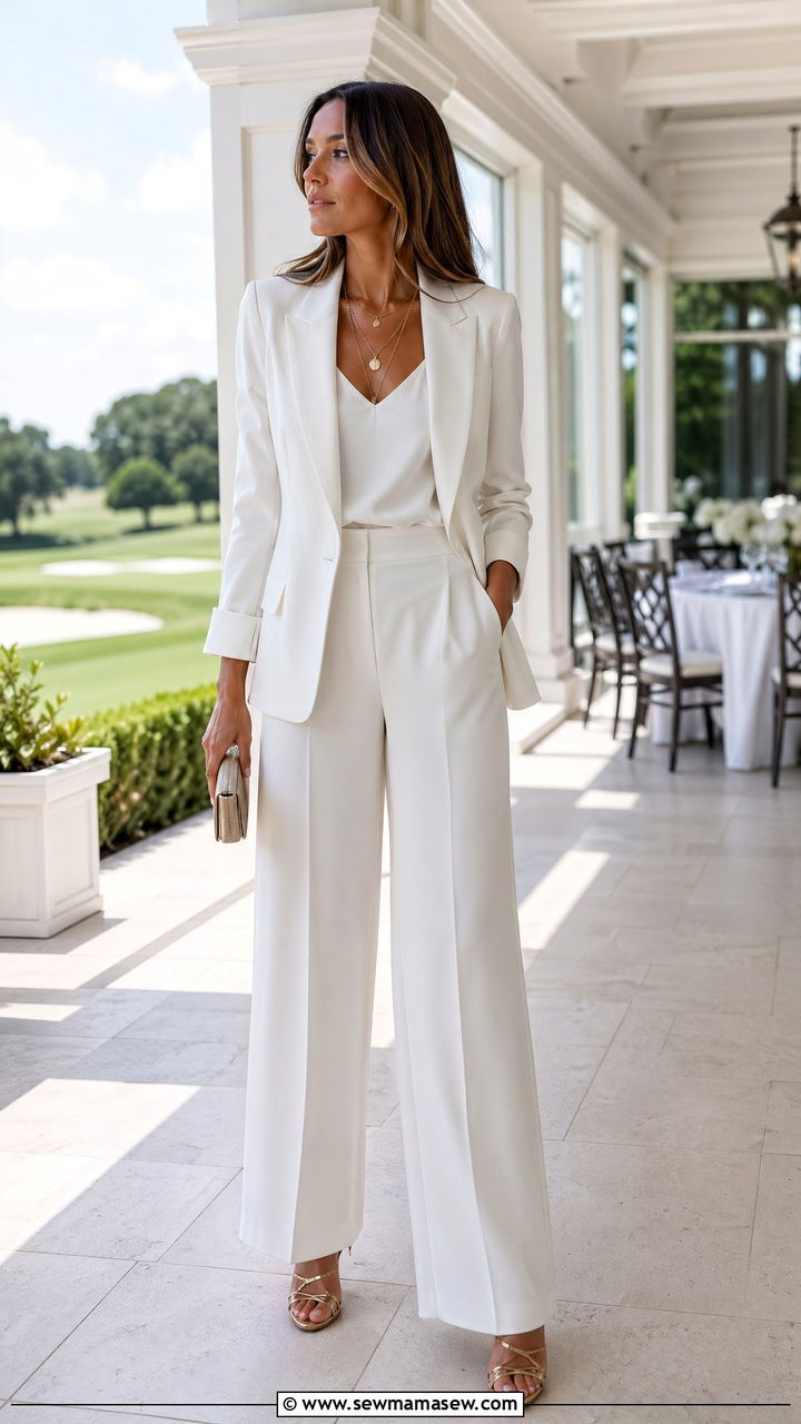 White tailored blazer with wide leg trousers for country club wedding - 35 Country club wedding guest outfit ideas