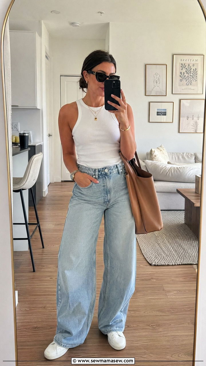 White tank top and light wash wide leg jeans outfit - 35 summer outfits for women over 30