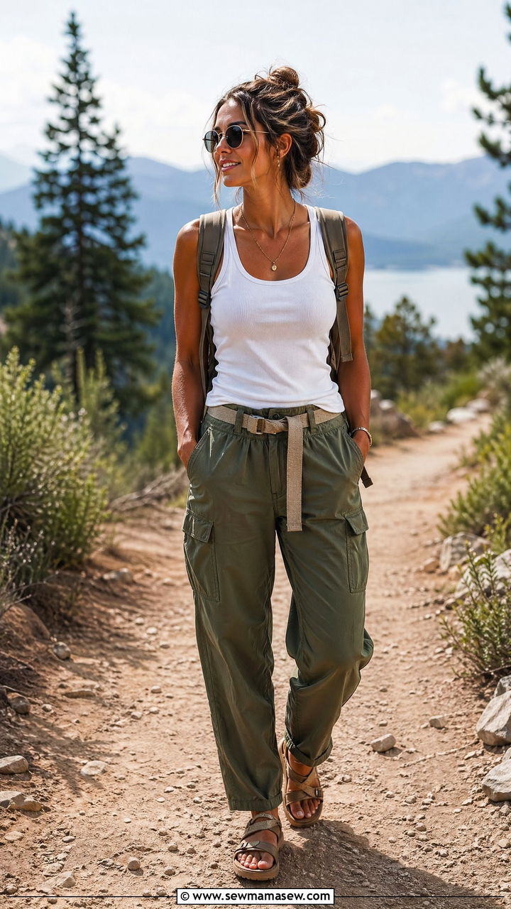White tank with olive cargo pants and sport sandals - 35 summer simple outfit ideas