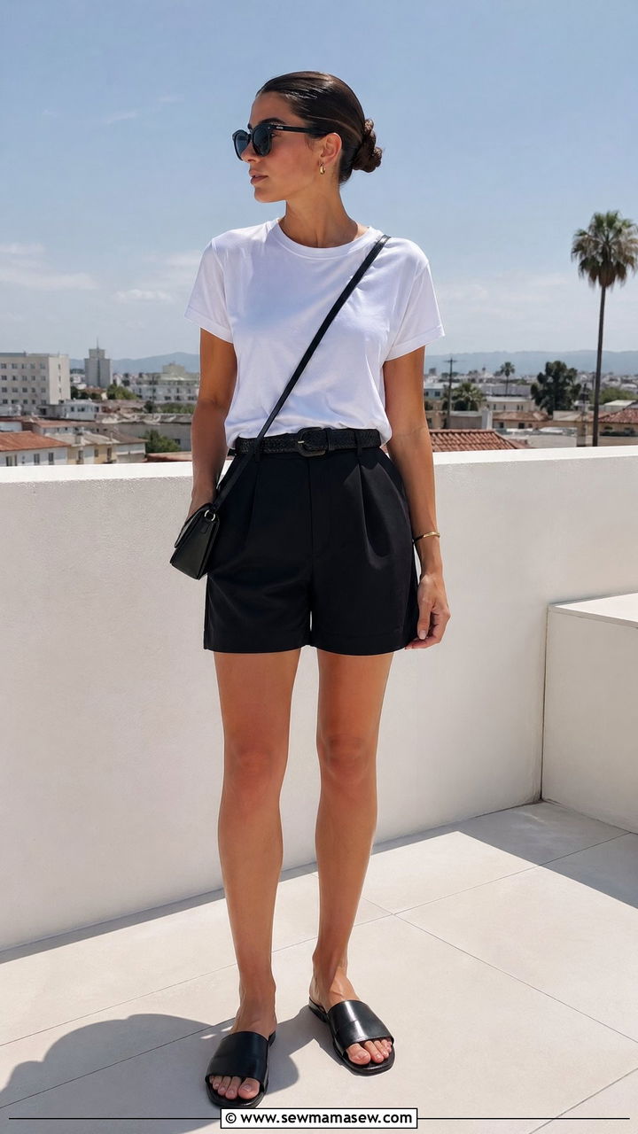 White tee and black tailored shorts outfit - 35 Clean girl aesthetic outfit ideas