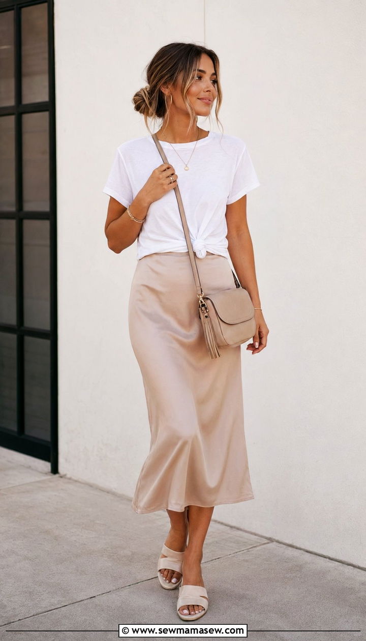 White tee knotted at the waist with a midi slip skirt - 30 10 piece summer capsule wardrobe