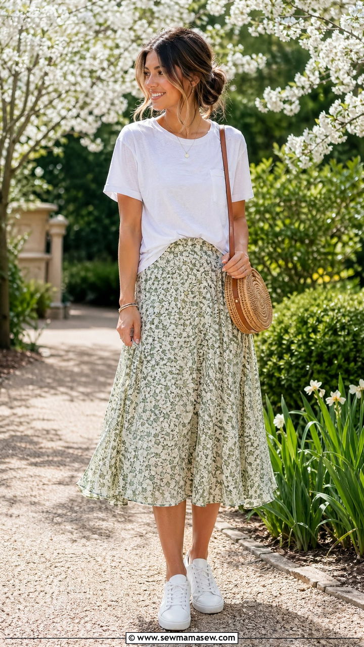 White tee with floral midi skirt - 35 Clean girl spring outfits