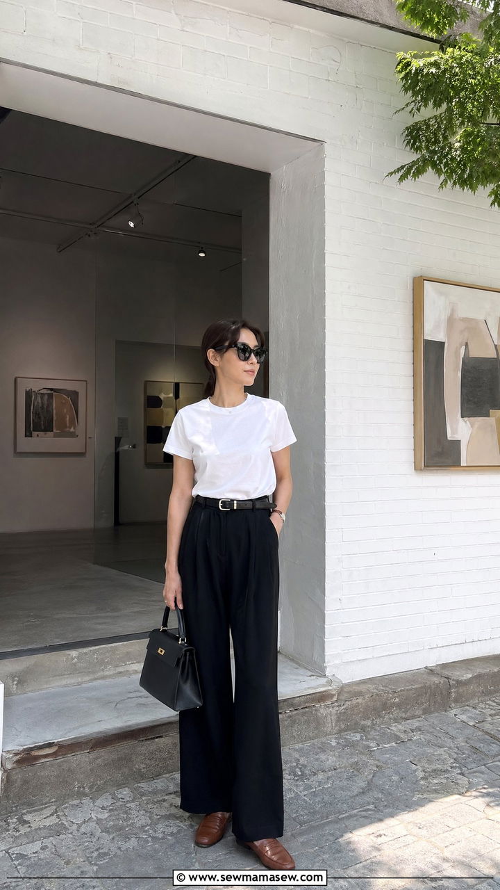 White tee with wide leg trousers and loafers - 35 Seoul vacation outfit ideas
