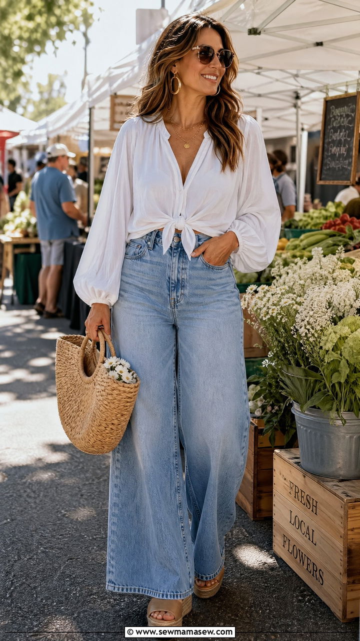 White tie front blouse and denim wide leg jeans outfit - 35 summer outfits for women over 30