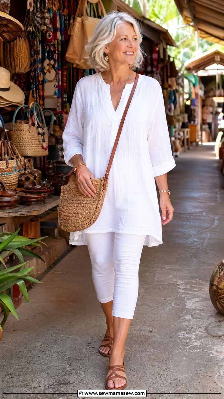 White tunic over cropped leggings with strappy sandals - 35 Travel outfit ideas for women over 50