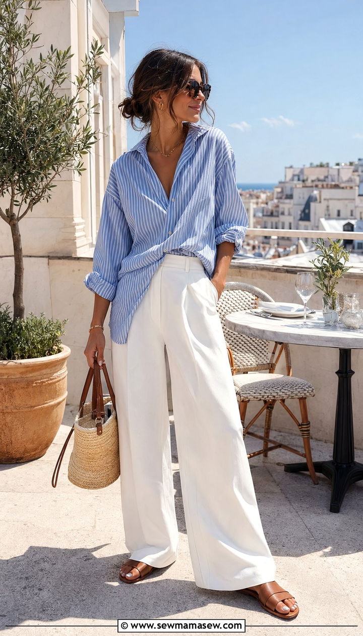 White wide leg trousers with a striped oversized shirt - 35 Parisian outfit ideas 2026