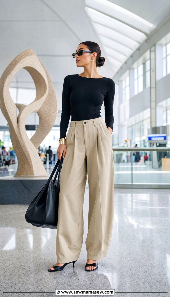 Wide Leg Barrel Pants and Fitted Bodysuit Airport Outfit - 30 Airport outfit ideas with wide leg pants