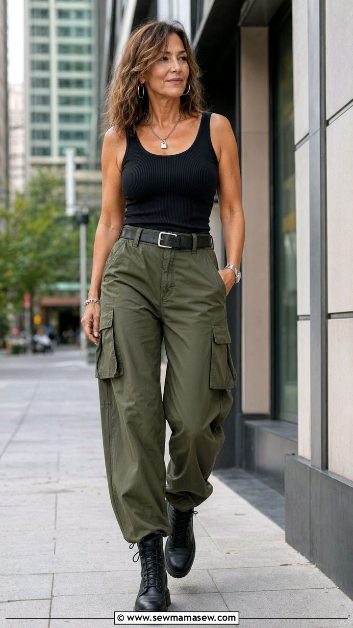 Wide Leg Cargo Pants With Ribbed Tank and Combat Boots - 30 wide leg pants outfits for women over 40