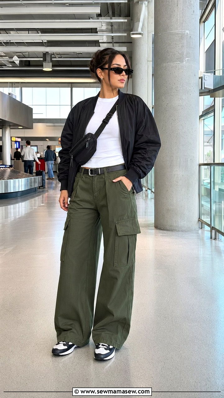 Wide Leg Cargo Pants and Bomber Jacket Airport Outfit - 30 Airport outfit ideas with wide leg pants