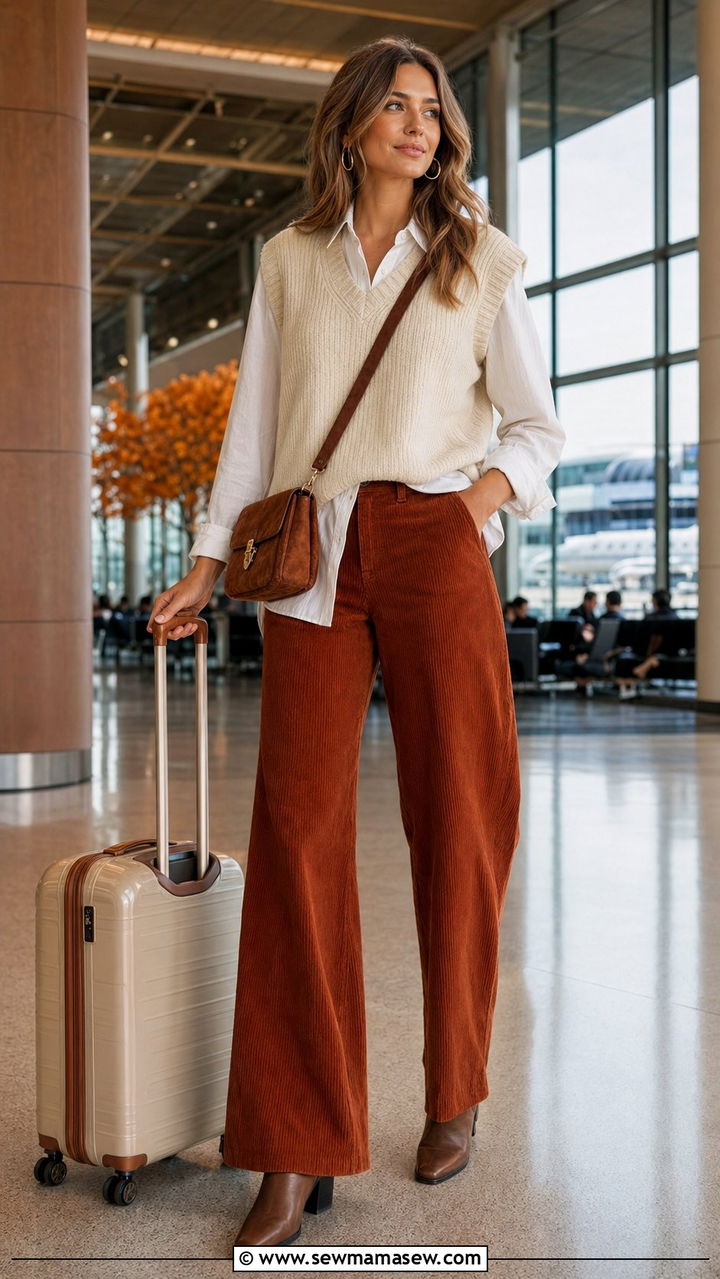 Wide Leg Corduroy Pants and Sweater Vest Airport Outfit - 30 Airport outfit ideas with wide leg pants