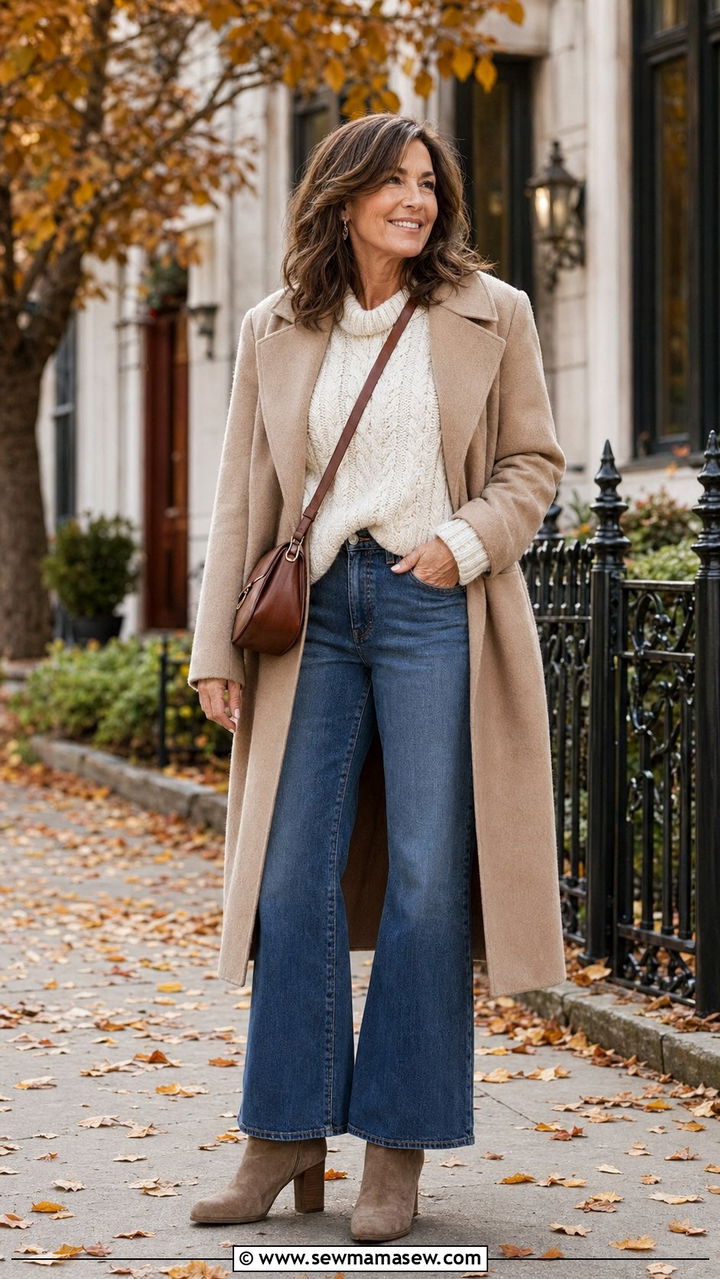 Wide Leg Denim With Chunky Sweater and Ankle Boots - 30 wide leg pants outfits for women over 40