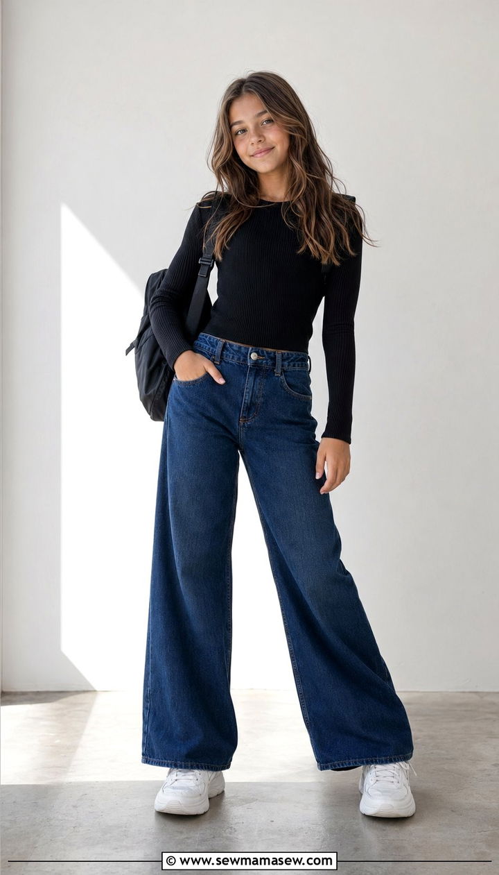 Wide Leg Denim With Fitted Long Sleeve Top and Chunky Sneakers - 30 Back to school outfit ideas middle school 2026