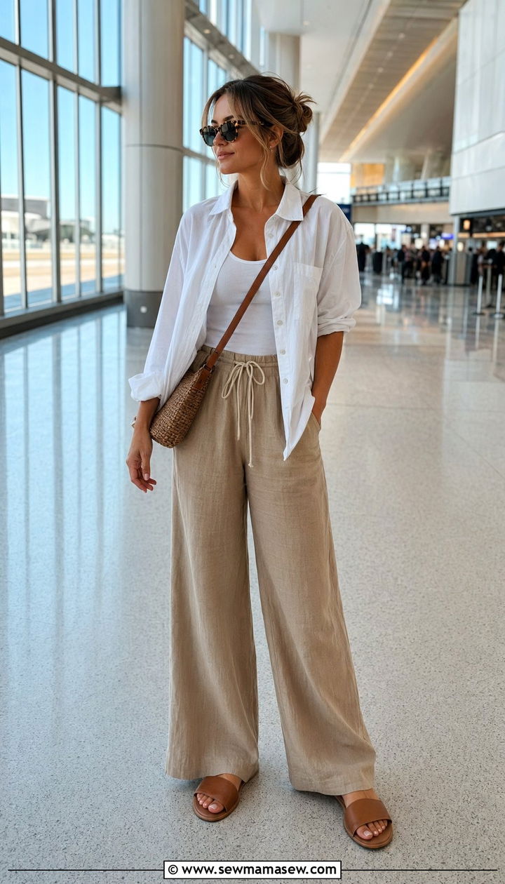 Wide Leg Drawstring Pants and Button Down Airport Outfit - 30 Airport outfit ideas with wide leg pants