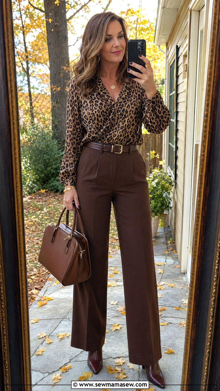 Wide Leg Dress Pants With Leopard Blouse and Brown Accessories - 30 wide leg pants outfits for women over 40