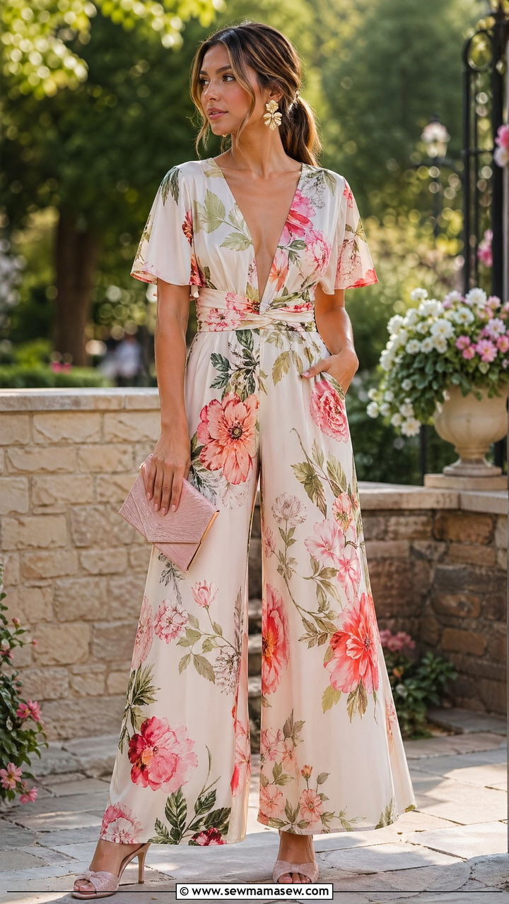 Wide Leg Floral Jumpsuit with Heeled Mules - 35 Spring garden party outfit ideas