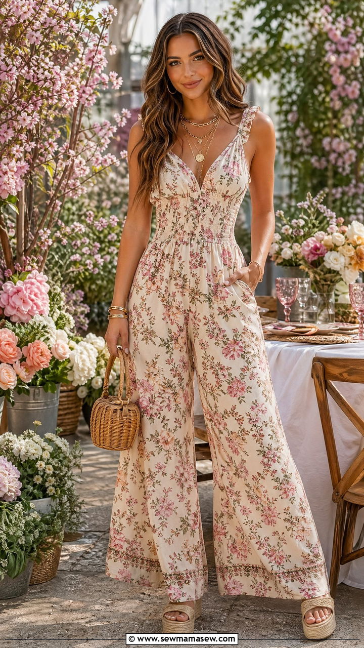 Wide Leg Floral Jumpsuit with Platforms - 35 spring boho chic outfits