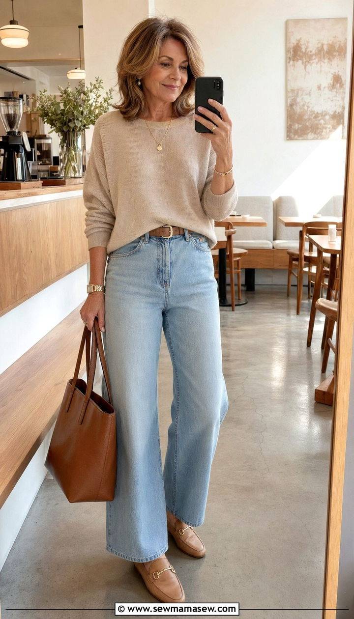 Wide Leg Jeans With Beige Knit Top - 30 Wide leg jeans outfit ideas for women over 50