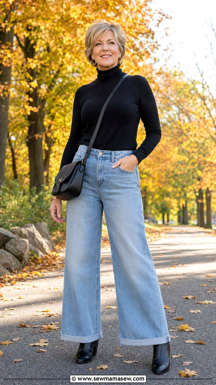 Wide Leg Jeans With Black Turtleneck - 30 Wide leg jeans outfit ideas for women over 50