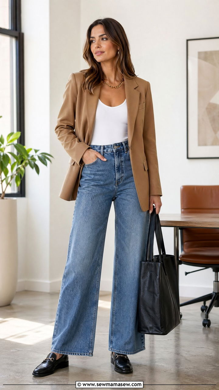 Wide Leg Jeans With Blazer and Loafers - 35 casual wide leg jeans outfits
