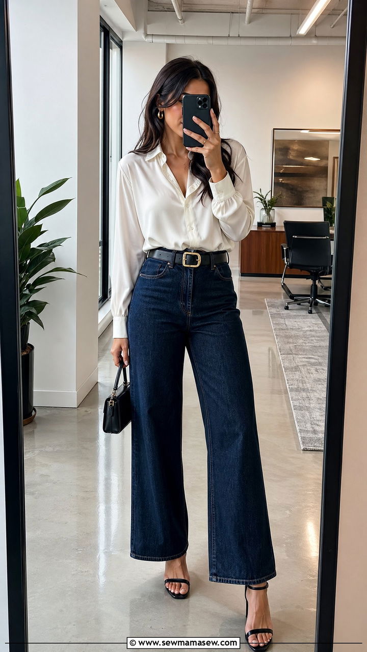 Wide Leg Jeans With Blouse and Statement Belt - 35 casual wide leg jeans outfits
