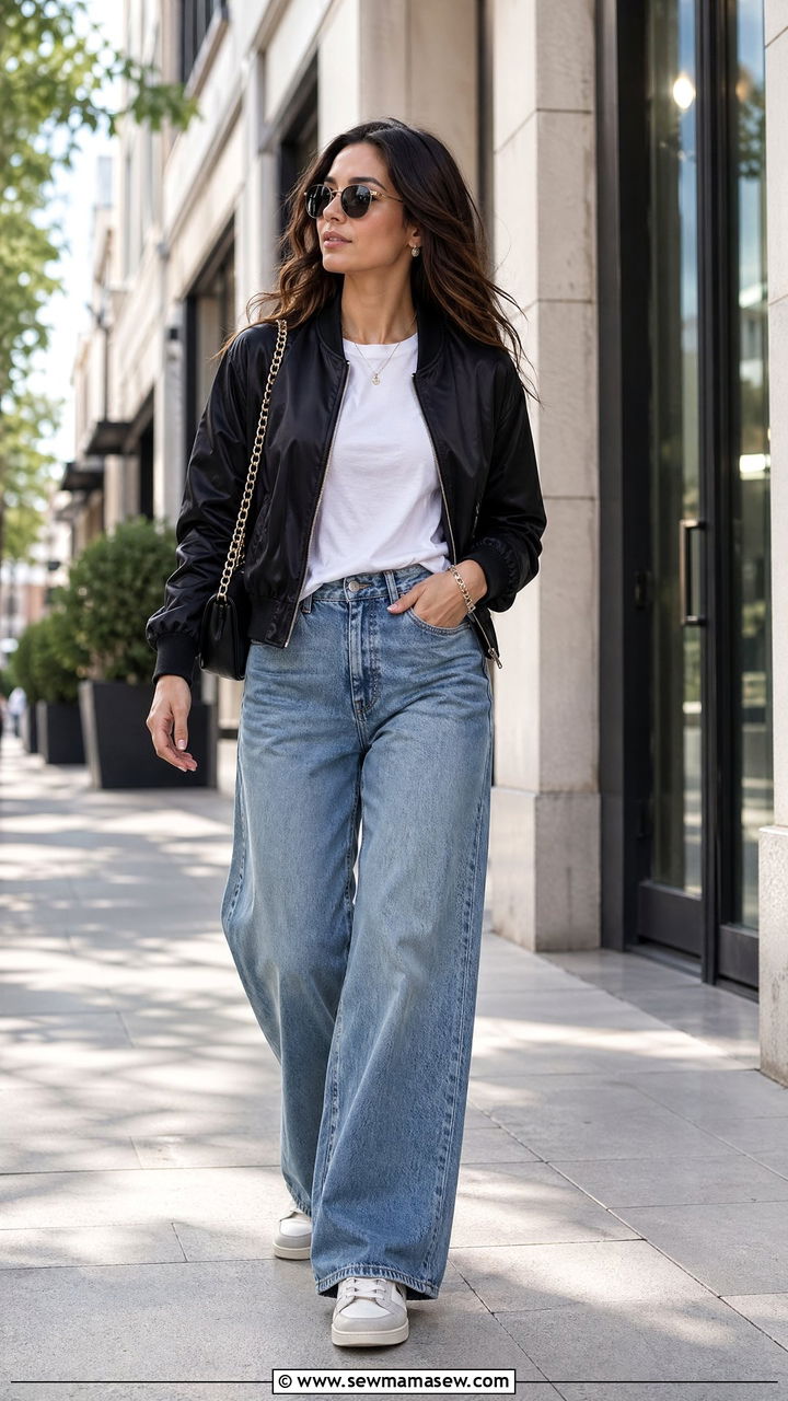 Wide Leg Jeans With Bomber Jacket and Sneakers - 35 casual wide leg jeans outfits