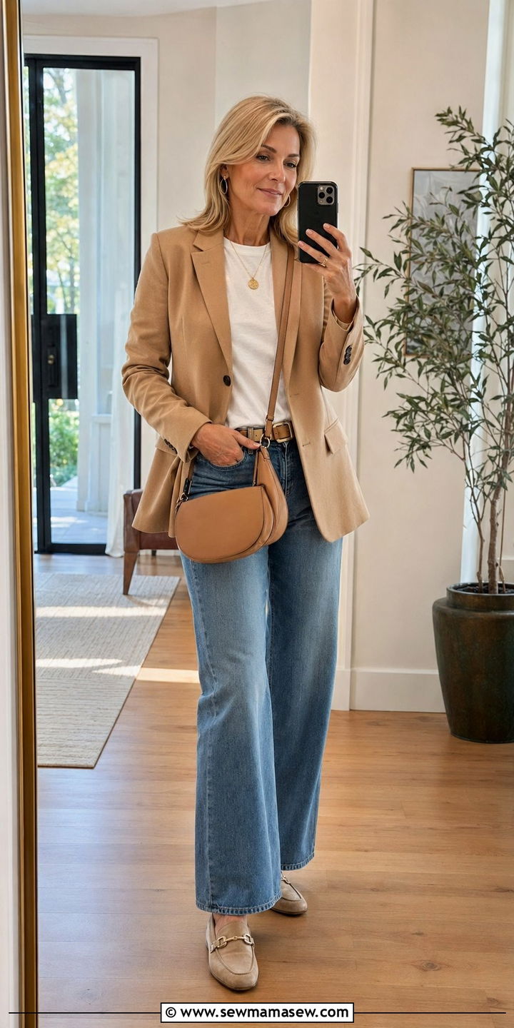 Wide Leg Jeans With Camel Blazer - 30 Wide leg jeans outfit ideas for women over 50