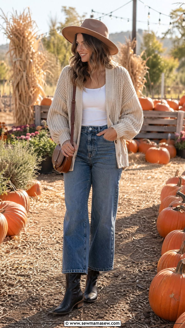 Wide Leg Jeans With Cardigan and Knee High Boots - 35 casual wide leg jeans outfits