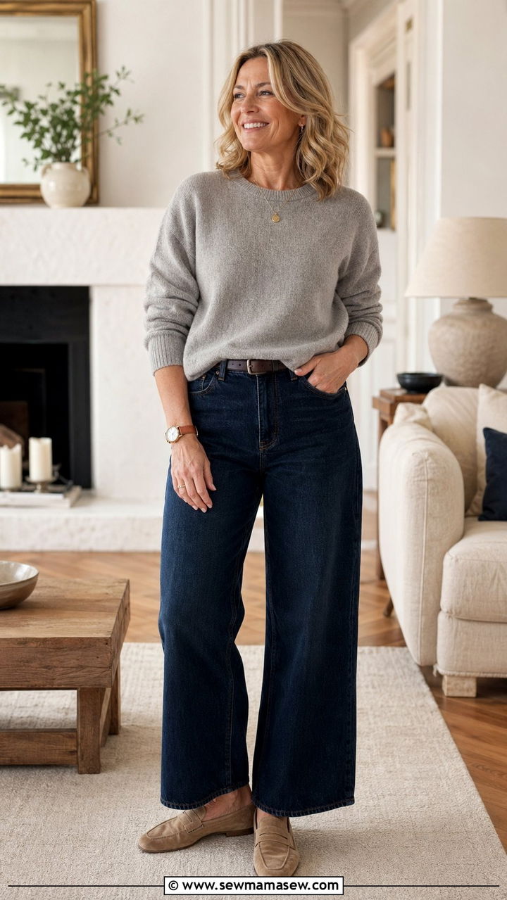 Wide Leg Jeans With Cashmere Sweater - 30 Wide leg jeans outfit ideas for women over 50