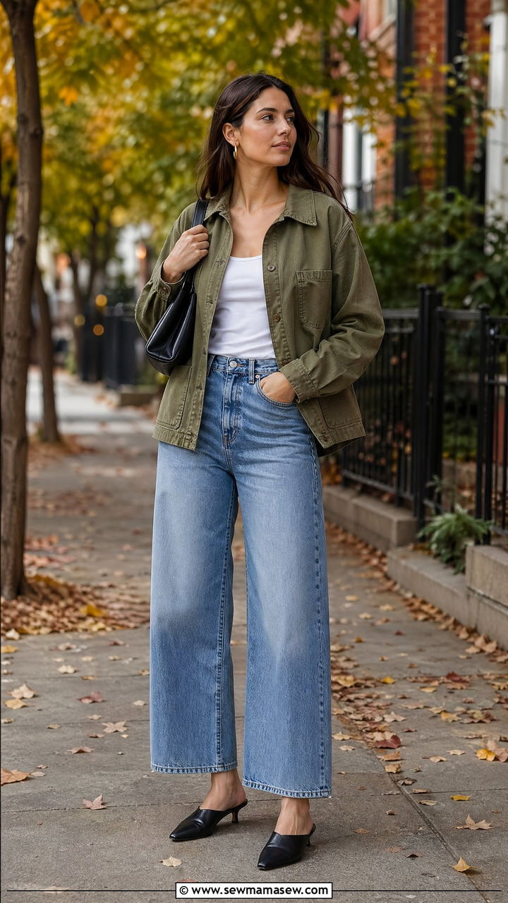 Wide Leg Jeans With Chore Jacket and Kitten Heels - 35 casual wide leg jeans outfits