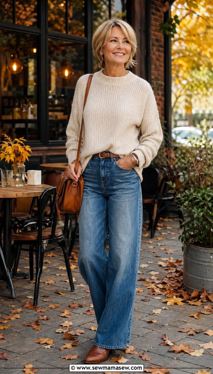 Wide Leg Jeans With Chunky Knit Sweater - 30 Wide leg jeans outfit ideas for women over 50