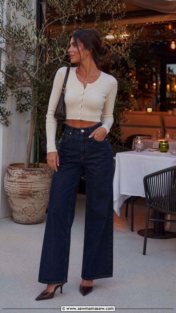Wide Leg Jeans With Cropped Cardigan And Heeled Mules - 35 classy jeans outfits