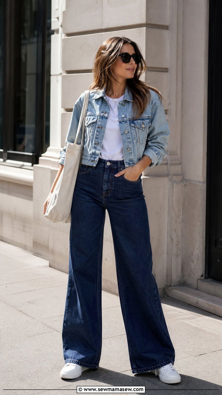 Wide Leg Jeans With Denim Jacket - 35 wide leg jeans outfits inspo