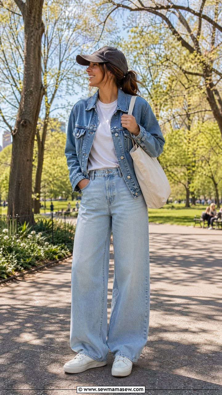 Wide Leg Jeans With Denim Jacket and Sneakers - 35 casual wide leg jeans outfits
