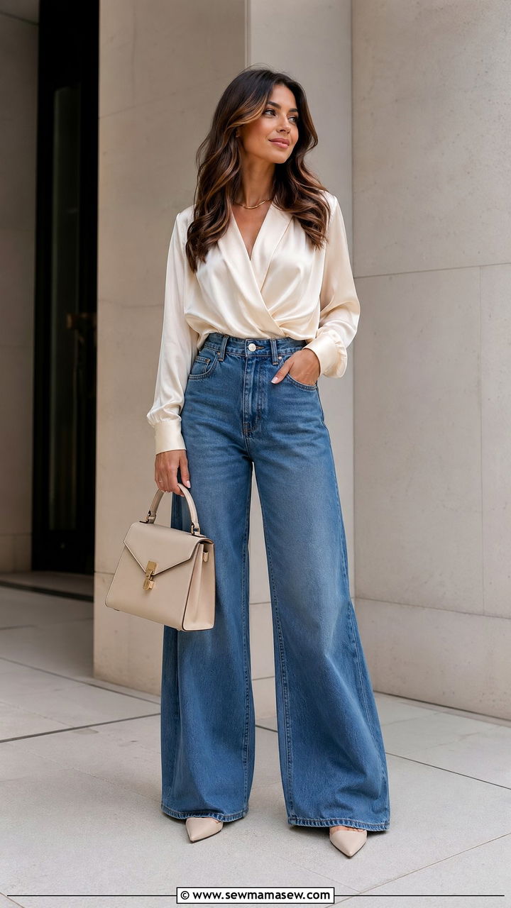 Wide Leg Jeans With Draped Cream Blouse - 35 cute outfits ideas