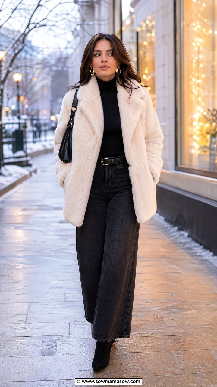 Wide Leg Jeans With Faux Fur Coat and Boots - 35 casual wide leg jeans outfits