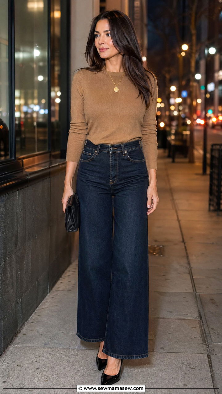 Wide Leg Jeans With Fitted Knit Top and Pointed Toe Heels - 35 casual wide leg jeans outfits