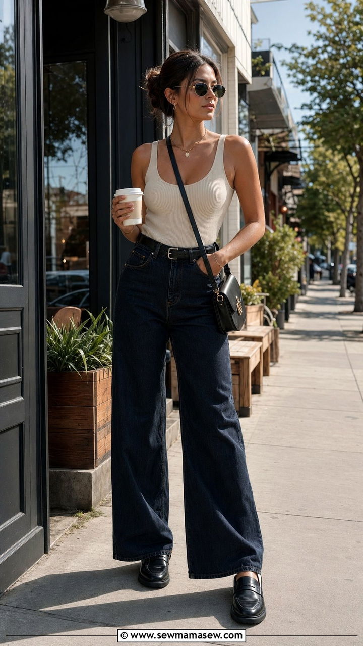 Wide Leg Jeans With Fitted Tank And Loafers Outfit Nashville - 35 Nashville outfit ideas