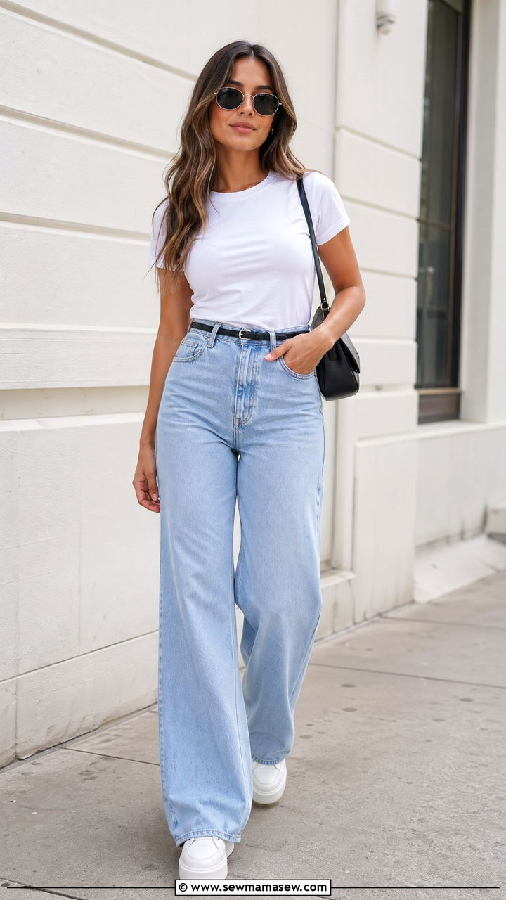 Wide Leg Jeans With Fitted Tee - 35 spring comfortable outfit ideas