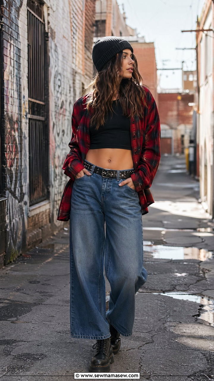 Wide Leg Jeans With Flannel Shirt and Combat Boots - 35 casual wide leg jeans outfits