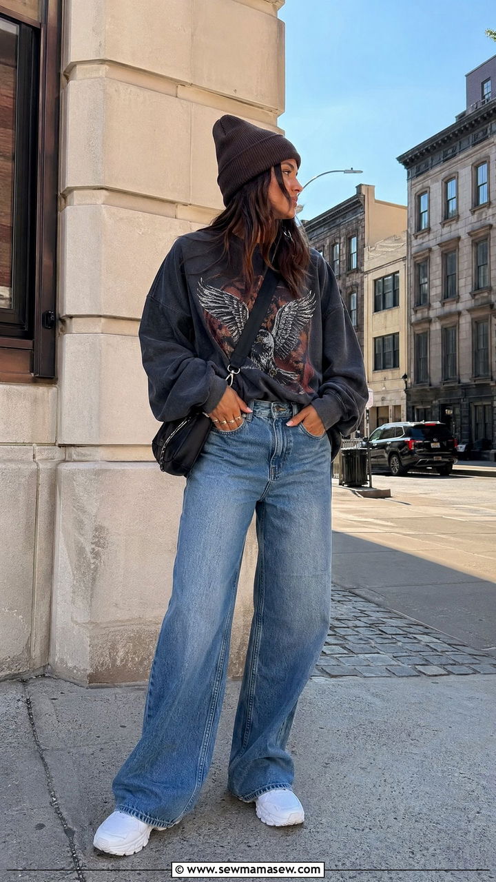 Wide Leg Jeans With Graphic Sweatshirt and Chunky Sneakers - 35 casual wide leg jeans outfits