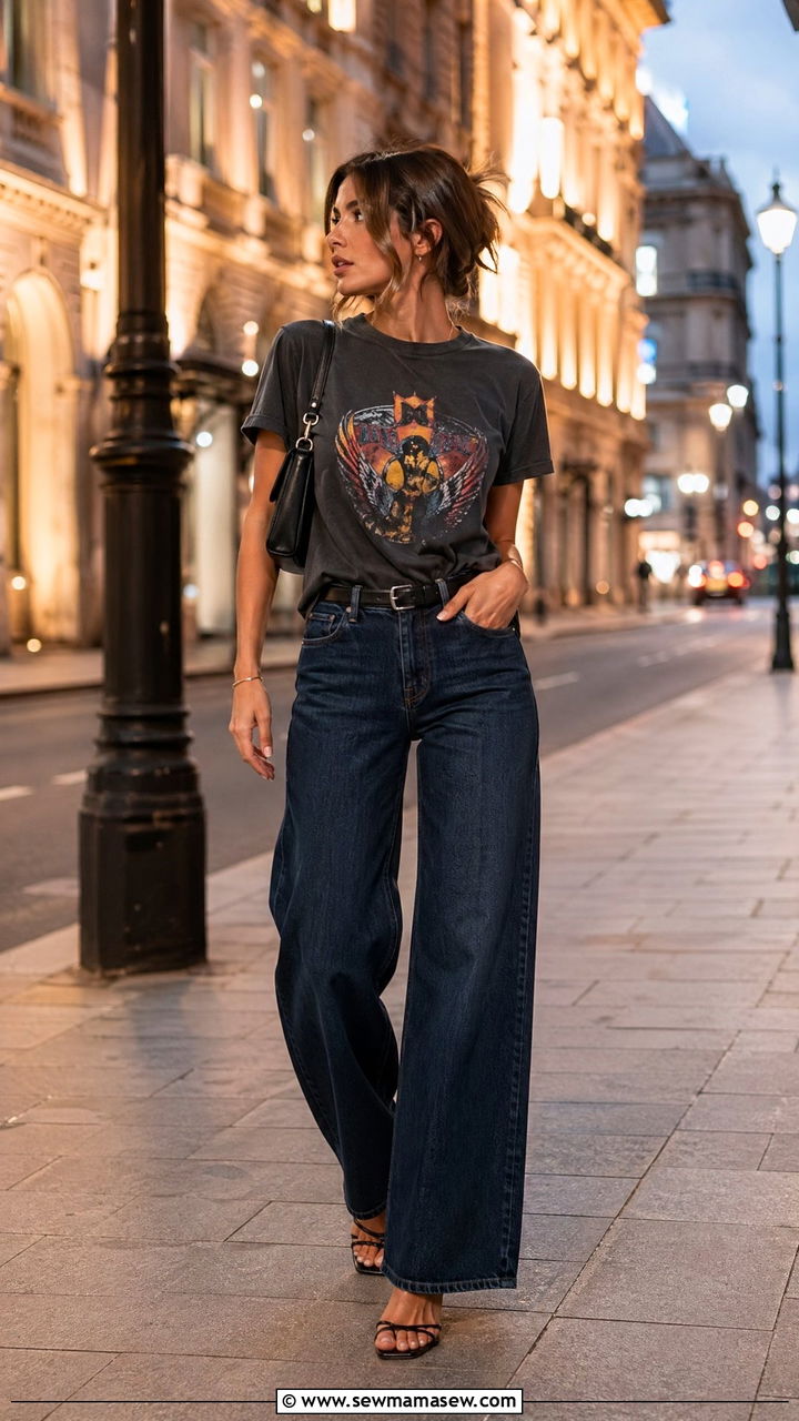 Wide Leg Jeans With Graphic Tee and Heels - 35 casual wide leg jeans outfits
